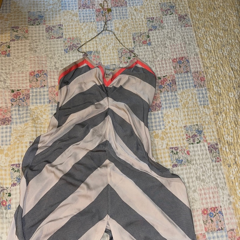 Long summer dress for formal events. Tan gray and pink.